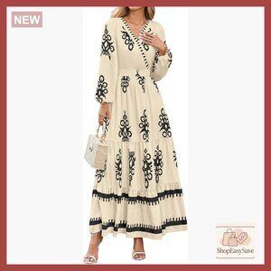 Boho Floral Maxi Dress Elegant V Neck Long Sleeve Flowy Wedding Guest